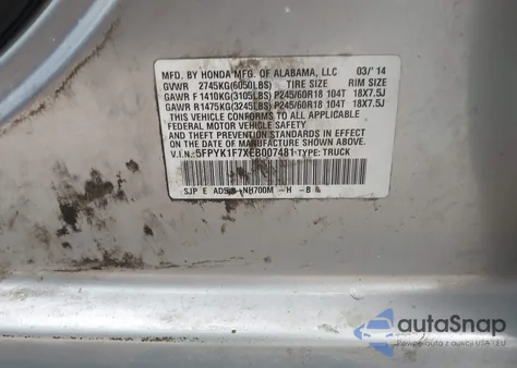 2014 Honda Ridgeline Sport z USA, uszkodzony, nr VIN 5FPYK1F7XEB007481